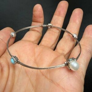 Silver-Toned Wire Bangle Bracelet with Turquoise & Pearl Accents